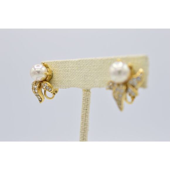 Atwood & Sawyer Vintage Clip Earrings Pearl Flower Crystal Gold A&S Signed BinZ - Picture 3 of 10
